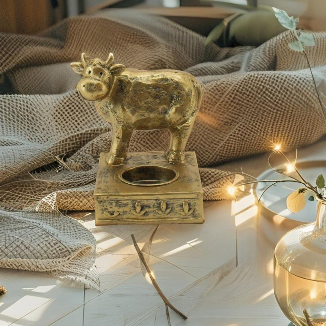 Antique Gold Cow Tea Light Candle Holder