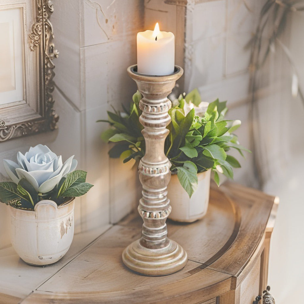 Beaded Hand Crafted Mango Wood Pillar Candle Holder