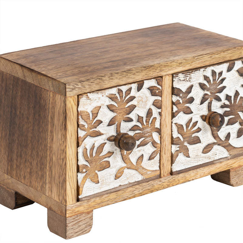 Carved Handcrafted Mango Wood 2-Drawer Box