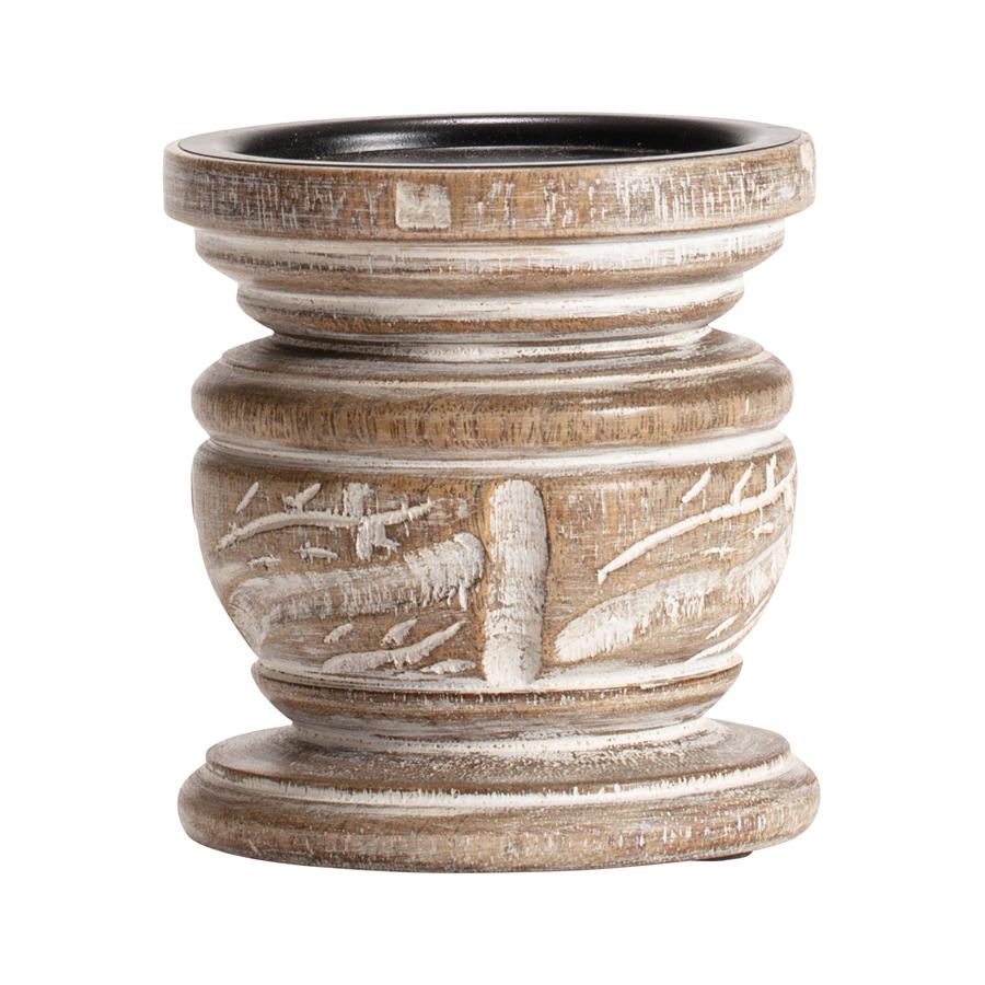 Carved Handcrafted Mango Wood Pillar Candle Holder - Short