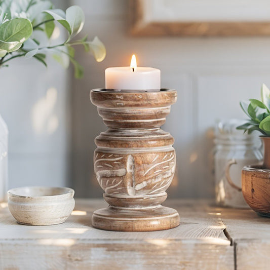 Carved Handcrafted Mango Wood Pillar Candle Holder - Short