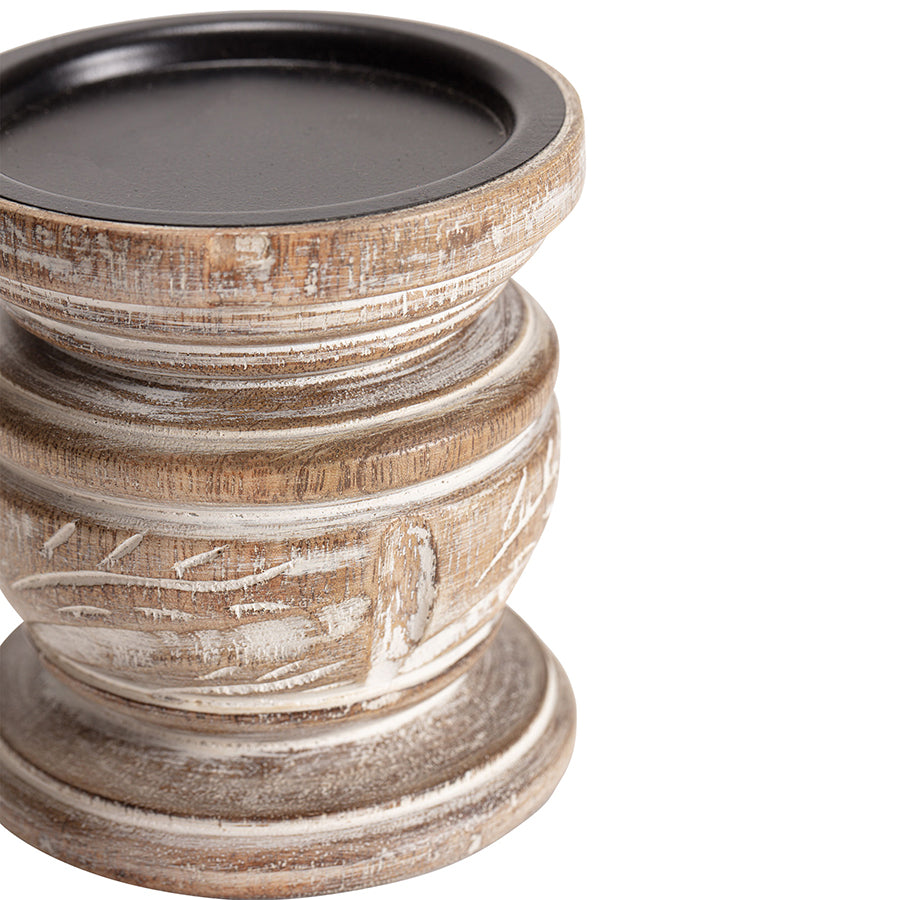 Carved Handcrafted Mango Wood Pillar Candle Holder - Tall
