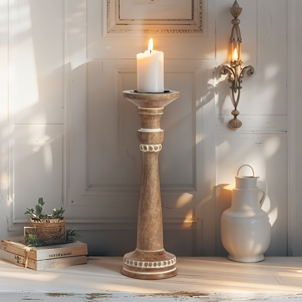 Carved Handcrafted Mango Wood Pillar Candle Holder