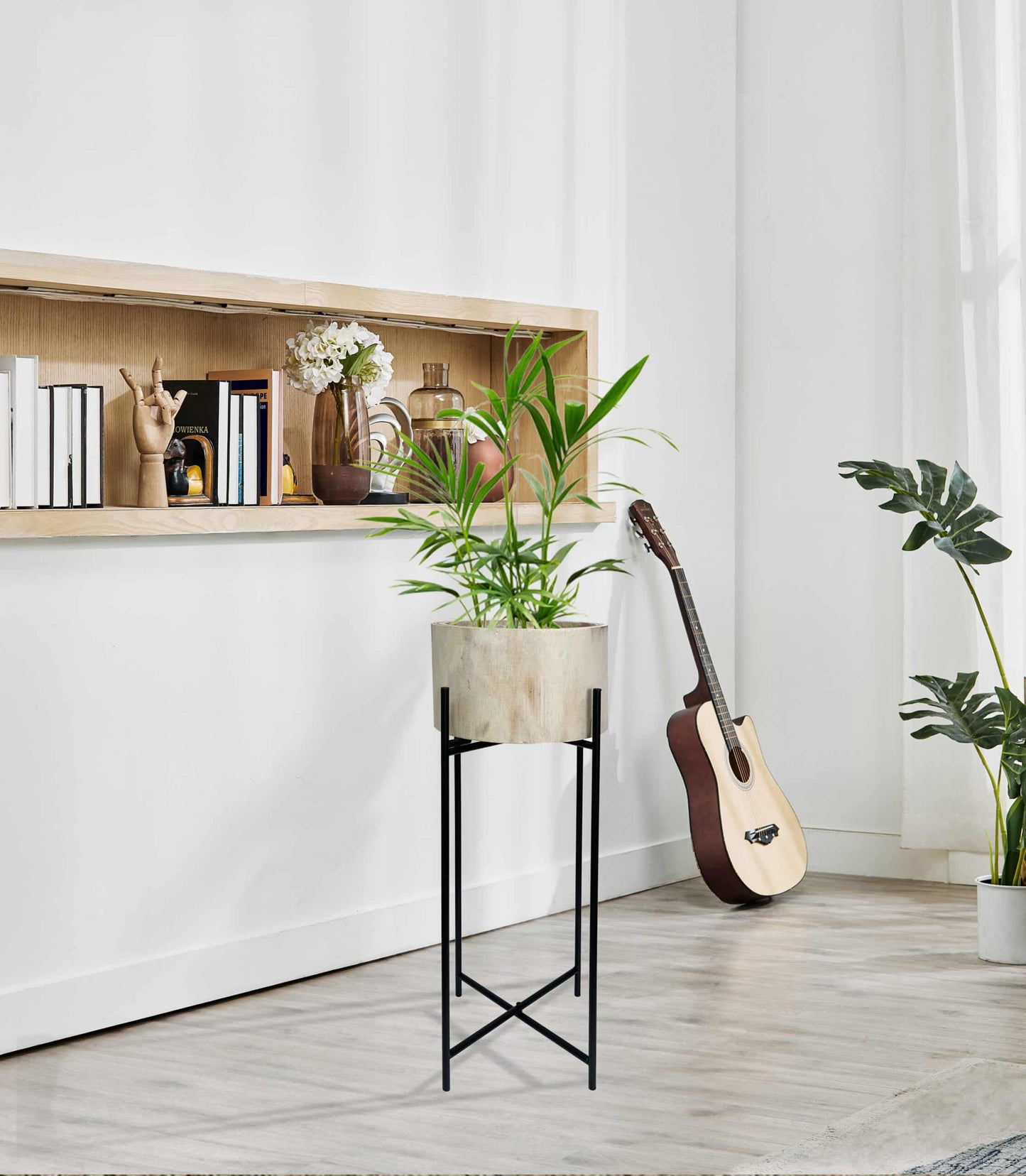Natural Wood Pot Planter on Cross-Legged Stand