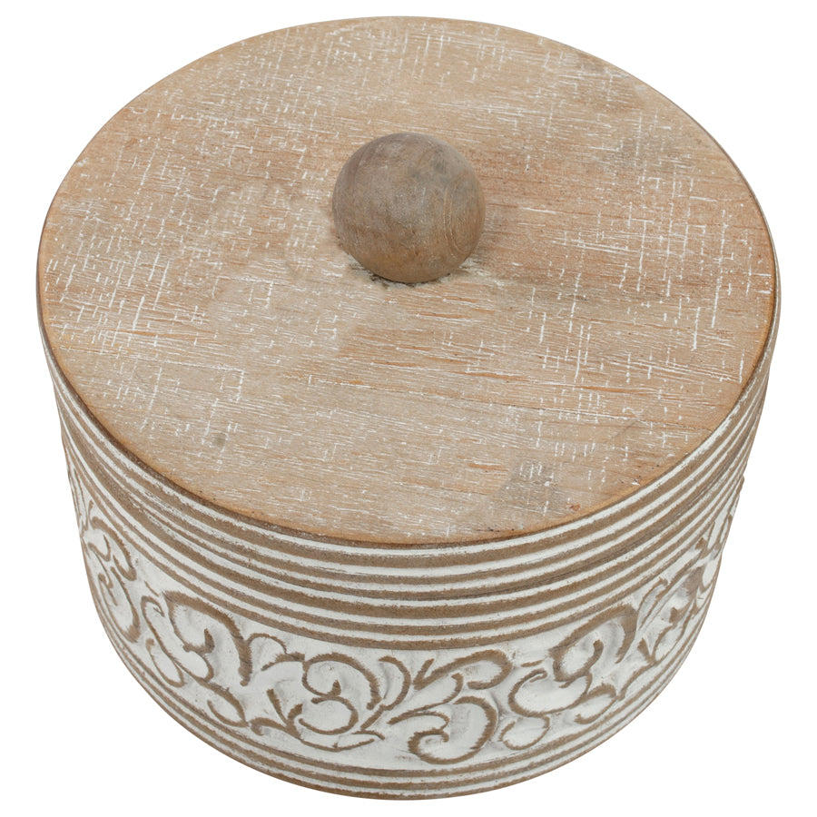 Round Carved White Trinket Box with Lid