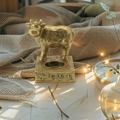 Antique Gold Tea Light Candle Holder Cow