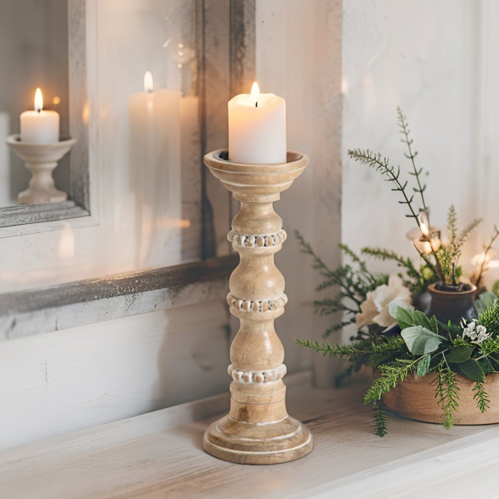 Beaded Hand Crafted Mango Wood Pillar Candle Holder