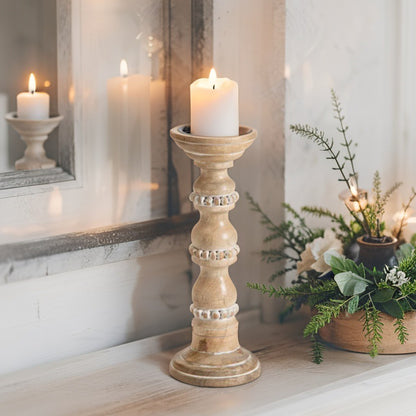 Beaded Hand Crafted Mango Wood Pillar Candle Holder