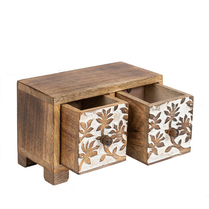 Carved Handcrafted Mango Wood 2-Drawer Box