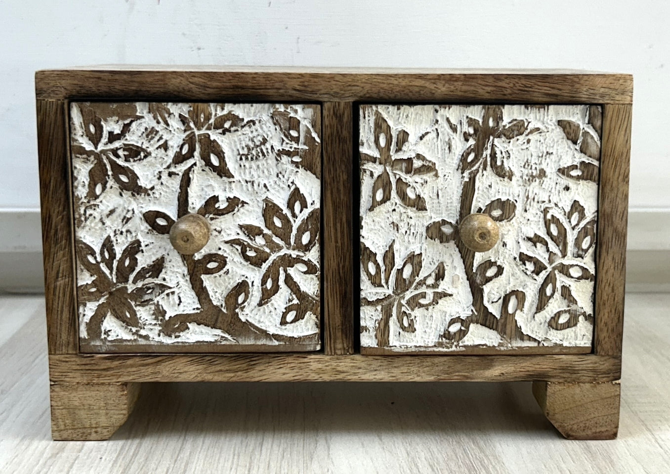 Carved Handcrafted Mango Wood 2-Drawer Box