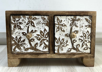 Carved Handcrafted Mango Wood 2-Drawer Box