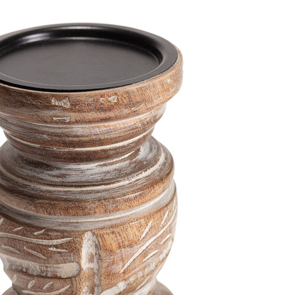 Carved Handcrafted Mango Wood Pillar Candle Holder - Short