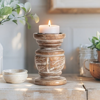 Carved Handcrafted Mango Wood Pillar Candle Holder - Short