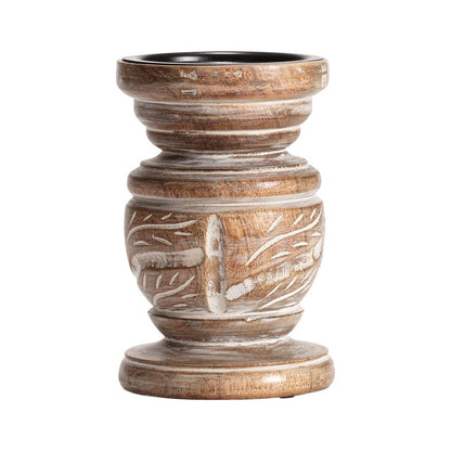 Carved Handcrafted Mango Wood  Pillar Candle Holder - Tall