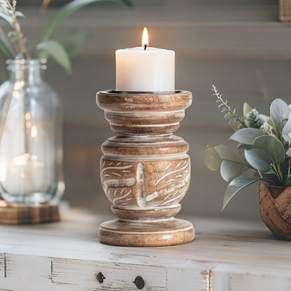 Carved Handcrafted Mango Wood  Pillar Candle Holder - Tall