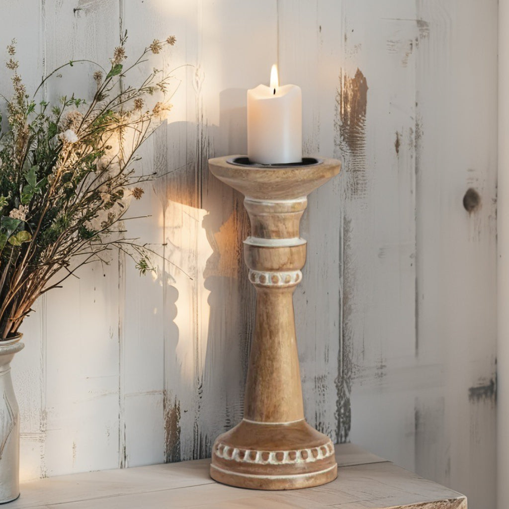 Carved Handcrafted Mango Wood Pillar Candle Holder