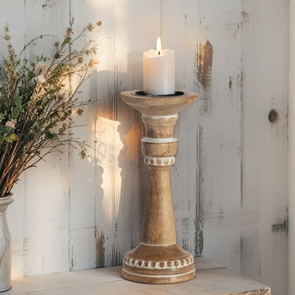 Carved Handcrafted Mango Wood Pillar Candle Holder