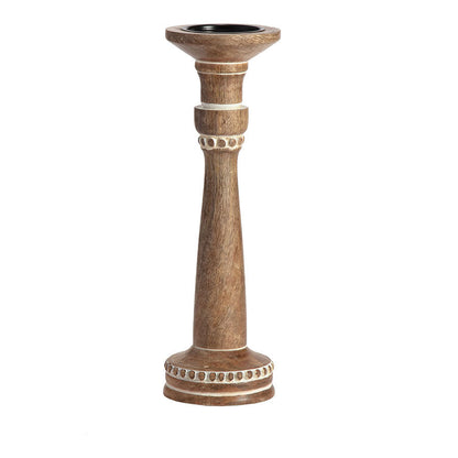 Carved Handcrafted Mango Wood Pillar Candleholder