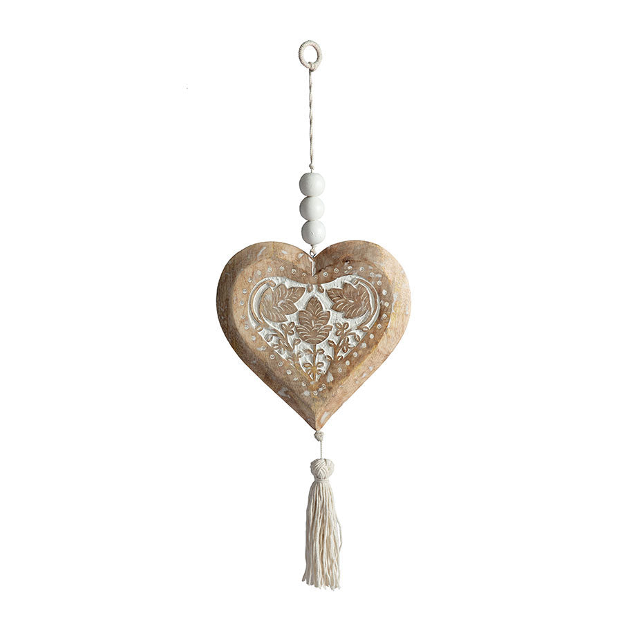 Heart Handcrafted  Mango Wood with Beads & Tassle