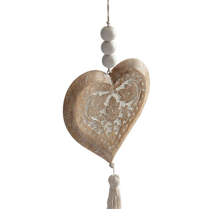 Heart Handcrafted  Mango Wood with Beads & Tassle