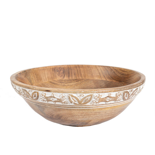 Mango Wood Hand Crafted Bowl with Leaf Carving