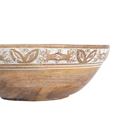 Mango Wood Hand Crafted Bowl with Leaf Carving