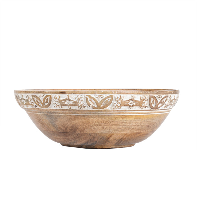 Mango Wood Hand Crafted Bowl with Leaf Carving