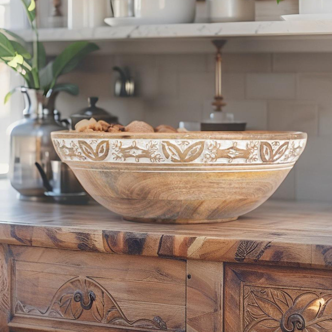 Mango Wood Hand Crafted Bowl with Leaf Carving
