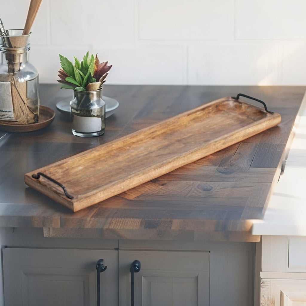 Mango Wood Handcrafted Long Tray with Handles