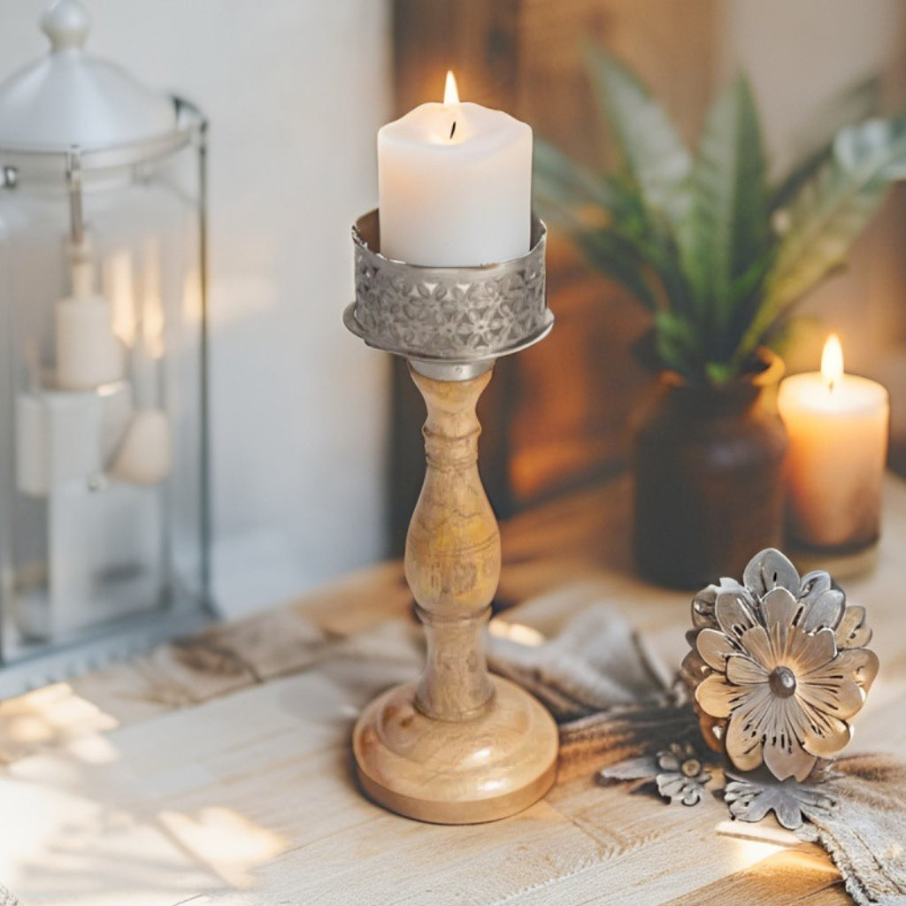 Punched Hand Crafted Flower Pillar Candle Holder