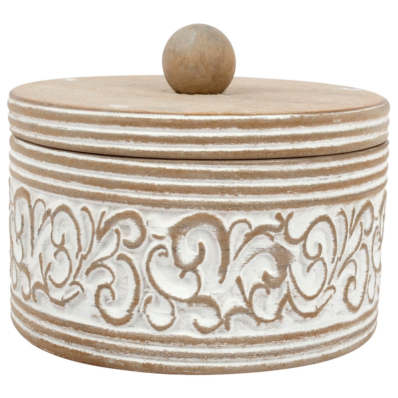 Round Carved White Trinket Box with Lid