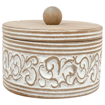 Round Carved White Trinket Box with Lid