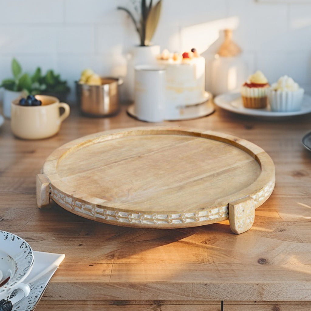 Round Mango Wood  Footed Cake Stand