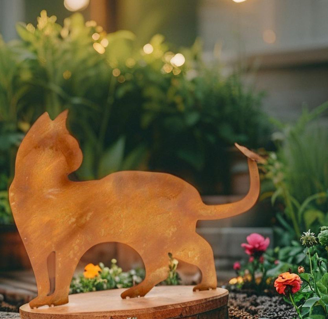 Rust Cat with Butterfly Ornament on Base