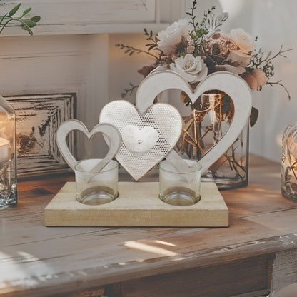 Triple Hearts with 2 Tea Light Candle Holders on Base