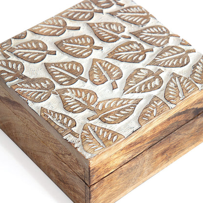 Square Mango Wood Embossed Leaves Box