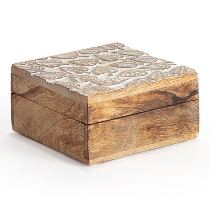 Square Mango Wood Embossed Leaves Box